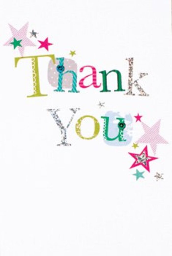 On this thank you card, the artistry of gratitude unfolds in a composition as graceful as the tree-lined avenues of Old Oak Common. Each letter, thoughtfully shaped, shares its own bright personality: some curve playfully with spotted details, others stand tall and smooth, touched by an elegant glimmer of silver or streaks of lively pink. Just above and below the central message, clusters of stars-some striped in pinks, others awash in deep turquoise or shimmering with silvery light-bring a celebratory sparkle, reminiscent of dusky evenings near Victoria Road. The card's clean white background is both modern and tranquil, its spaciousness letting each colour and pattern glow without feeling crowded. There's a confident sophistication here, subtle yet unmistakable, balancing whimsy with poise. The tactile elements-the gentle sparkles and textured edges-invite you to reach out and feel the craft. From the perspective of a local Old Oak florist, it's easy to see how this card would make a meaningful companion to any bouquet, enhancing the gesture of thanks whether it's for a neighbour's kindness, a friend's support, or simply to mark a shared moment. It's a beautiful merging of artistry and emotion-uplifting as fresh flowers, timeless as sincere appreciation, and ready to be delivered with care throughout the heart of Old Oak Common.