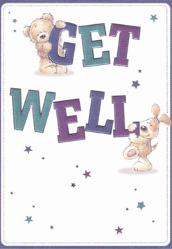 A charming get well card captures immediate comfort and lightness, mirroring the uplifting spirits found around Old Oak Common's green spaces. At its centre, a fuzzy teddy bear clutches the top of the word 'GET,' while a lively puppy nestles beneath the bold 'WELL,' their faces aglow with affection and hope. They are rendered in soft, inviting lines that call to mind the gentle touch of a well-loved soft toy, each brushstroke carefully expressing warmth and innocence. Deep teals and purples accent the playful letters, contrasting beautifully with a clean white backdrop that brings clarity and calm-much like the morning light on a dewy Paddington Canal walk. Scattered stars in cool, sparkling hues seem to dance across the page, suggesting the magic and encouragement of a heartfelt wish from Old Oak Common Florist. This card, like a thoughtfully arranged bouquet chosen for recovery in the local area, is composed to uplift, comfort, and send reassurance to those on the mend. Its nurturing details-right down to the plush fur of the bear and the floppy, velvety puppy ears-embody the care we bring to every arrangement delivered throughout Old Oak Common, making even the most challenging moments gentler and more hopeful.